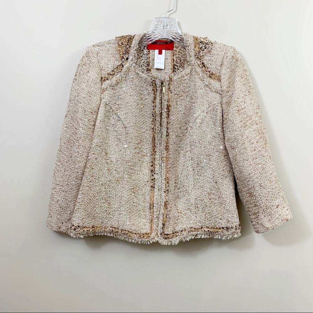 Les Copains Gold Sequin Zip-Up Blazer Cheetah Pleated Collar